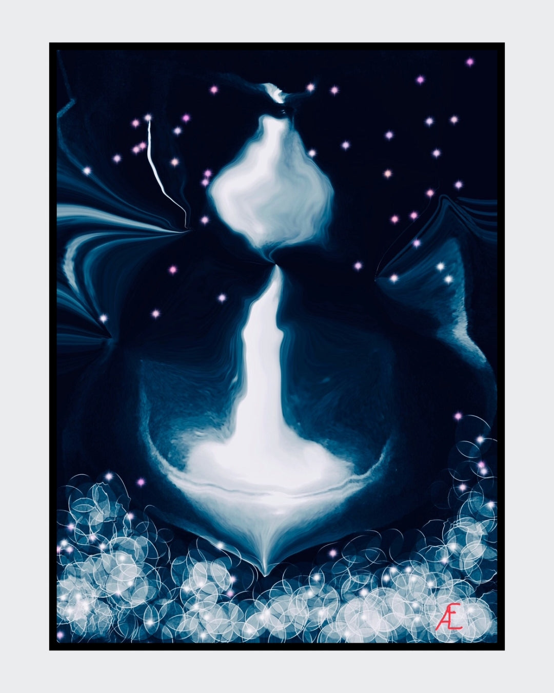 Abstraktes digitales Kunstwerk "Power of Freedom" von Claudia Altemeier. Eine leuchtende, weiße Kerze mit Rauch erhebt sich aus einer Schale vor dunklem, sternenübersätem Hintergrund. Dominierende Farben sind tiefes Blau, Weiß und Schwarz.