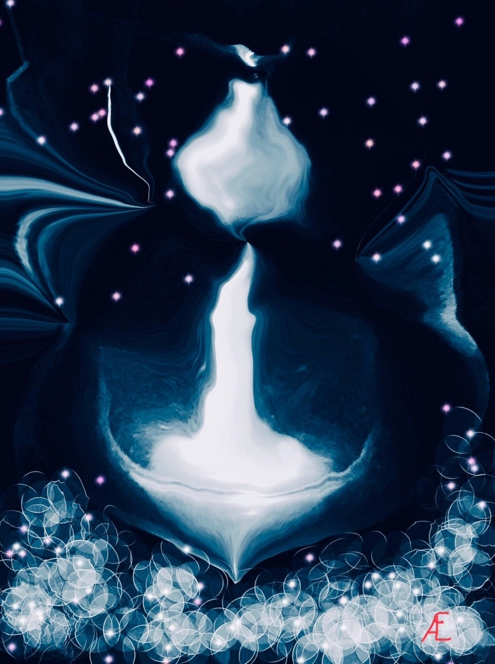 Abstraktes digitales Kunstwerk "Power of Freedom" von Claudia Altemeier. Eine leuchtende, weiße Kerze mit Rauch erhebt sich aus einer Schale vor dunklem, sternenübersätem Hintergrund. Dominierende Farben sind tiefes Blau, Weiß und Schwarz.