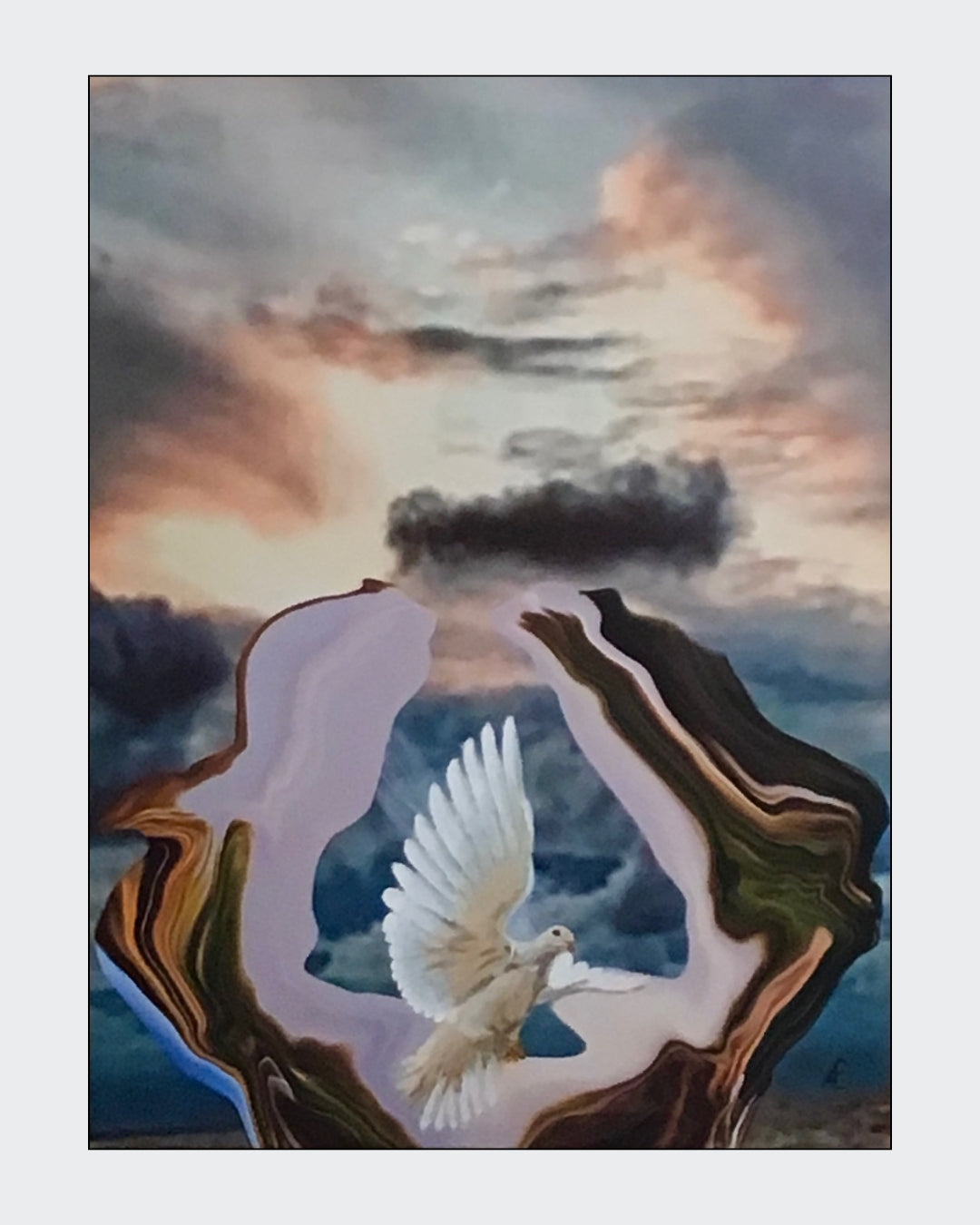 Ein surreales Gemälde, das eine weiße Taube mit ausgebreiteten Flügeln in einem abstrakten, höhlenartigen Rahmen zeigt, der aus erdfarbenen und lavendelfarbenen Wirbeln besteht. Im Hintergrund ist ein dramatischer Himmel mit rosafarbenen und grauen Wolken zu sehen, der eine Atmosphäre von Hoffnung und Geborgenheit vermittelt.