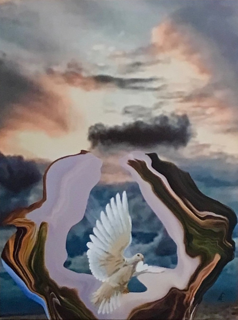 Ein surreales Gemälde, das eine weiße Taube mit ausgebreiteten Flügeln in einem abstrakten, höhlenartigen Rahmen zeigt, der aus erdfarbenen und lavendelfarbenen Wirbeln besteht. Im Hintergrund ist ein dramatischer Himmel mit rosafarbenen und grauen Wolken zu sehen, der eine Atmosphäre von Hoffnung und Geborgenheit vermittelt.