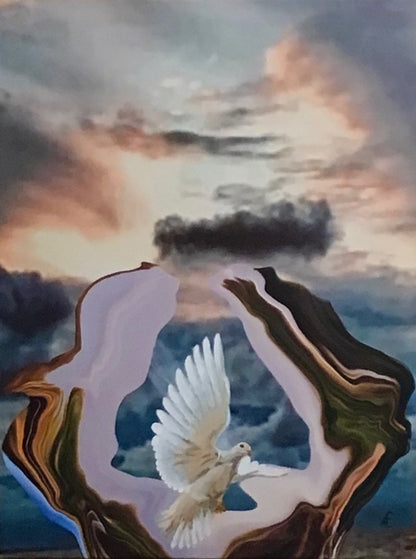 Ein surreales Gemälde, das eine weiße Taube mit ausgebreiteten Flügeln in einem abstrakten, höhlenartigen Rahmen zeigt, der aus erdfarbenen und lavendelfarbenen Wirbeln besteht. Im Hintergrund ist ein dramatischer Himmel mit rosafarbenen und grauen Wolken zu sehen, der eine Atmosphäre von Hoffnung und Geborgenheit vermittelt.