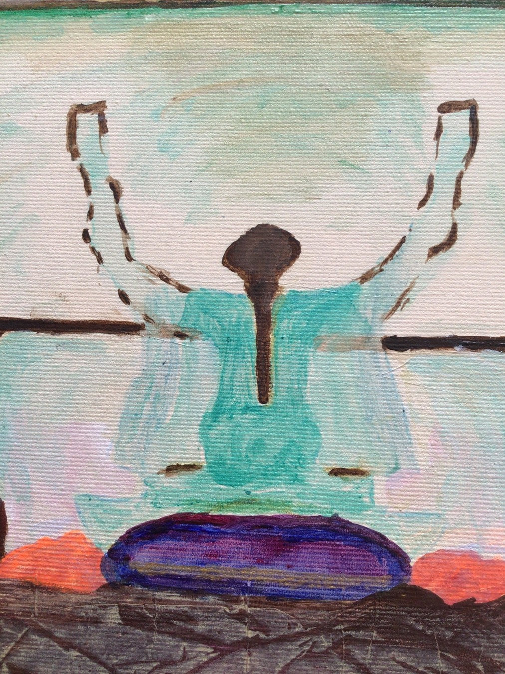 Quadratische Acrylmalerei mit zentraler sitzender Figur in heller türkisfarbener Gewandung, erhobenen Armen, dunkler ovaler Form darunter und orangefarbenen Flächen am unteren Bildrand.