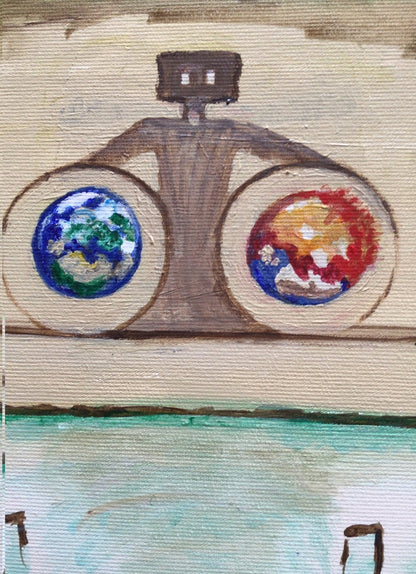 Quadratische Acrylmalerei mit zentraler sitzender Figur in heller türkisfarbener Gewandung, erhobenen Armen, dunkler ovaler Form darunter und orangefarbenen Flächen am unteren Bildrand.