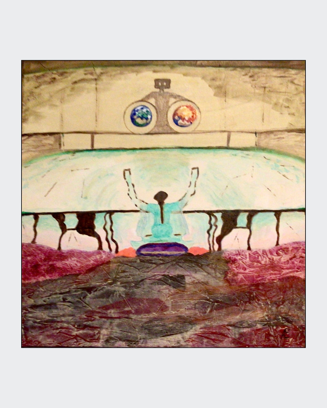 Quadratische Acrylmalerei mit zentraler sitzender Figur in heller türkisfarbener Gewandung, erhobenen Armen, dunkler ovaler Form darunter und orangefarbenen Flächen am unteren Bildrand.