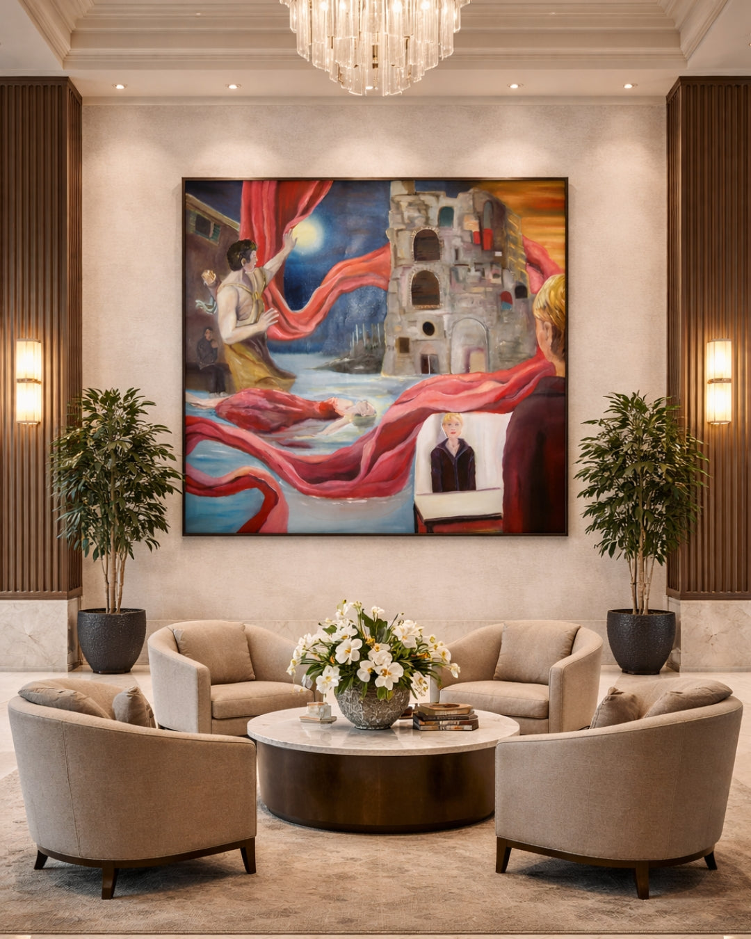Großformatiges Gemälde mit surrealer Szenerie: Wasserfläche, Burg im Hintergrund, rote Stoffbahnen, mehrere menschliche Figuren und symbolische Elemente; komplexe Bildarchitektur mit leuchtenden und warmen Farbakzenten.