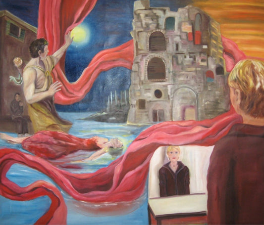 Großformatiges Gemälde mit surrealer Szenerie: Wasserfläche, Burg im Hintergrund, rote Stoffbahnen, mehrere menschliche Figuren und symbolische Elemente; komplexe Bildarchitektur mit leuchtenden und warmen Farbakzenten.