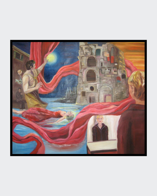 Großformatiges Gemälde mit surrealer Szenerie: Wasserfläche, Burg im Hintergrund, rote Stoffbahnen, mehrere menschliche Figuren und symbolische Elemente; komplexe Bildarchitektur mit leuchtenden und warmen Farbakzenten.
