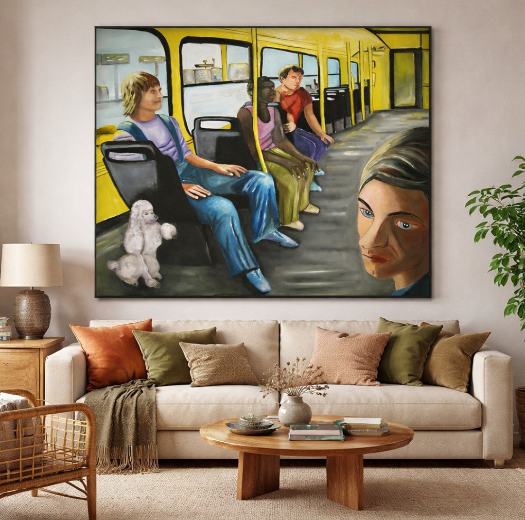Gemälde in Öl und Acryl auf Leinwand: Innenraum eines öffentlichen Verkehrsmittels mit gelben Fensterrahmen, sitzenden Personen und einem kleinen Hund im Vordergrund; dominante Gelb-, Grau- und Blautöne, Format 145 x 160 cm.