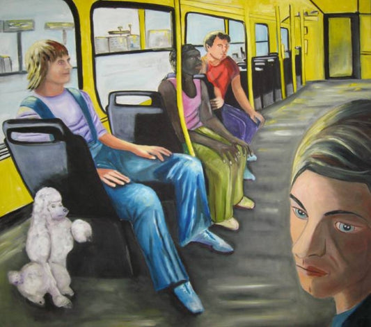 Gemälde in Öl und Acryl auf Leinwand: Innenraum eines öffentlichen Verkehrsmittels mit gelben Fensterrahmen, sitzenden Personen und einem kleinen Hund im Vordergrund; dominante Gelb-, Grau- und Blautöne, Format 145 x 160 cm.