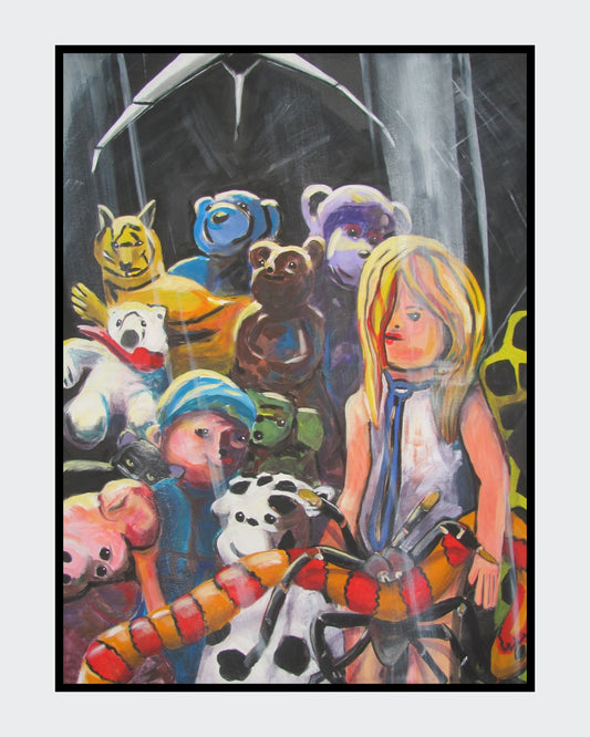 Acrylgemälde mit Greifautomaten voller Stofftiere vor dunklem Hintergrund; mehrere Plüschtiere dicht gedrängt unter einem Greifarm, im Vordergrund eine menschliche Figur; starke Farbkontraste und erzählerische Bildwirkung.