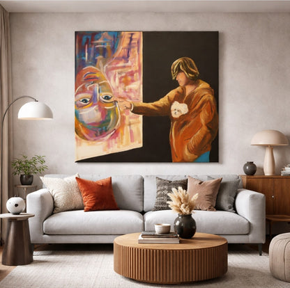 Acrylgemälde auf Leinwand: Eine stehende Person in brauner Jacke zeigt mit ausgestrecktem Arm auf ein farbintensives, abstrahiertes Gesicht auf einer Leinwand links; ein kleiner heller Hund ist im Brustbereich der Jacke zu sehen; dunkler Hintergrund rechts, Format 130 x 145 cm.