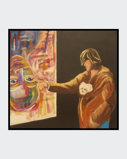 Acrylgemälde auf Leinwand: Eine stehende Person in brauner Jacke zeigt mit ausgestrecktem Arm auf ein farbintensives, abstrahiertes Gesicht auf einer Leinwand links; ein kleiner heller Hund ist im Brustbereich der Jacke zu sehen; dunkler Hintergrund rechts, Format 130 x 145 cm.