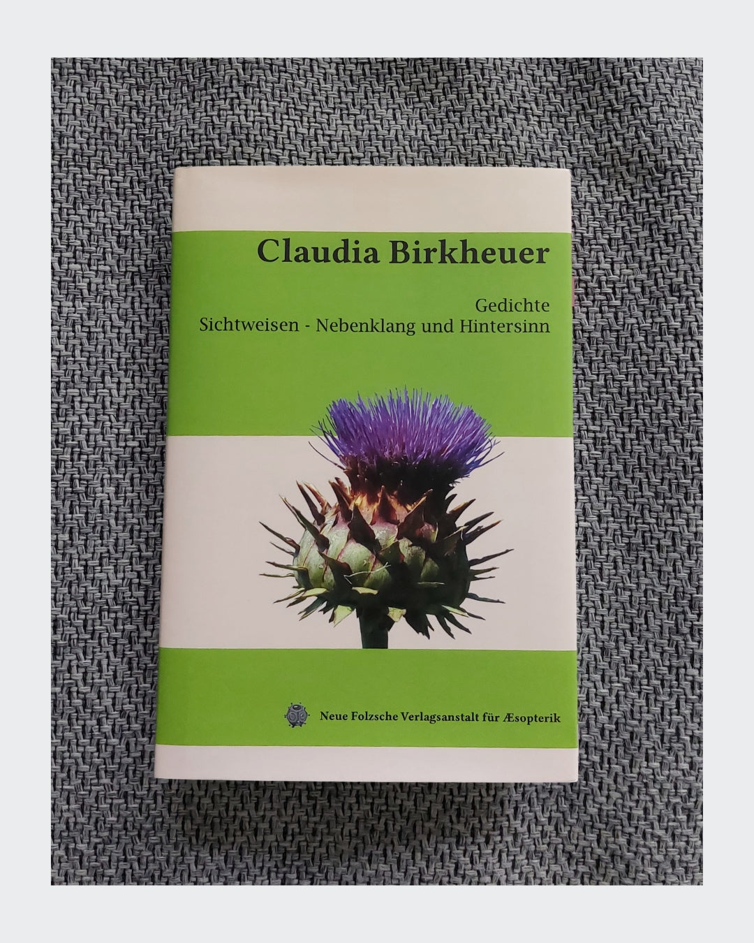 
Ein Buchcover mit dem Titel „Claudia Birkheuer Gedichte: Sichtweisen - Nebenklang und Hintersinn.“ Das Cover ist in drei horizontale Abschnitte unterteilt: oben grün, eine hellgraue oder cremefarbene Mitte und ein grüner unterer Bereich. In der Mitte befindet sich eine Fotografie einer lila Distelblüte mit einem stacheligen, grünen Kelch.