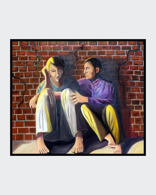 Ölgemälde mit zwei dicht nebeneinander sitzenden Figuren vor einer rissigen Backsteinwand; beide barfuß auf dem Boden, eine Hand liegt unterstützend auf dem Arm der anderen Figur; warme Braun‑, Rot‑ und Gelbtöne prägen die ruhige Szene.
