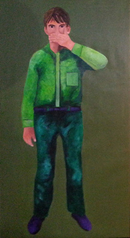 Triptychon (dreiteiliges Gemälde) mit drei farbigen Bildfeldern: links grüner Hintergrund mit stehender Figur und Hand im Bereich des unteren Gesichts, mittig roter Hintergrund mit sitzender Figur und Hand am Kopf, rechts blauer Hintergrund mit stehender Figur und beiden Händen am Kopf; kräftige Farbflächen und klare Trennung der drei Tafeln.