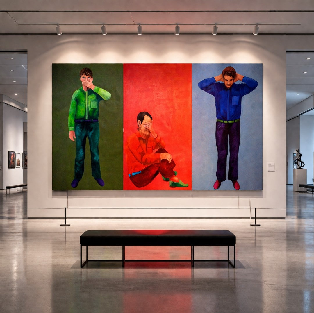 Triptychon (dreiteiliges Gemälde) mit drei farbigen Bildfeldern: links grüner Hintergrund mit stehender Figur und Hand im Bereich des unteren Gesichts, mittig roter Hintergrund mit sitzender Figur und Hand am Kopf, rechts blauer Hintergrund mit stehender Figur und beiden Händen am Kopf; kräftige Farbflächen und klare Trennung der drei Tafeln.