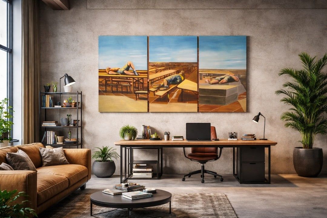 Triptychon in drei Bildfeldern mit liegenden Personen auf Tischreihen einer Terrasse; weiter Horizont, Himmel und architektonische Linien; warme, ruhige Farbtöne und klare horizontale Bildstruktur.