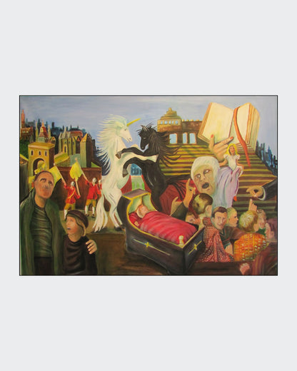 Großformatiges Ölgemälde mit mythologischer Szenerie: ein weißes Einhorn und ein schwarzes Pferd stehen aufgerichtet einander gegenüber; umgeben von Treppenarchitektur, Stadtfragmenten und mehreren menschlichen Figuren; leuchtende Rot‑, Gelb‑ und Grüntöne kontrastieren mit dunklen Flächen.