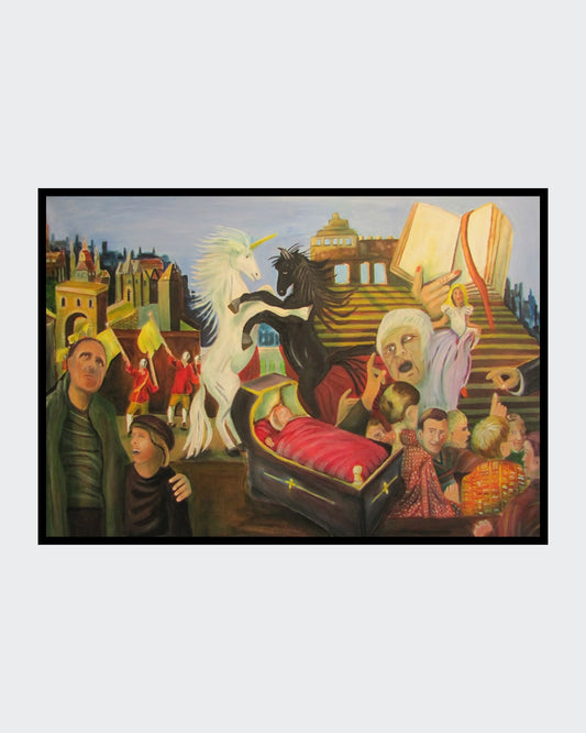 Großformatiges Ölgemälde mit mythologischer Szenerie: ein weißes Einhorn und ein schwarzes Pferd stehen aufgerichtet einander gegenüber; umgeben von Treppenarchitektur, Stadtfragmenten und mehreren menschlichen Figuren; leuchtende Rot‑, Gelb‑ und Grüntöne kontrastieren mit dunklen Flächen.