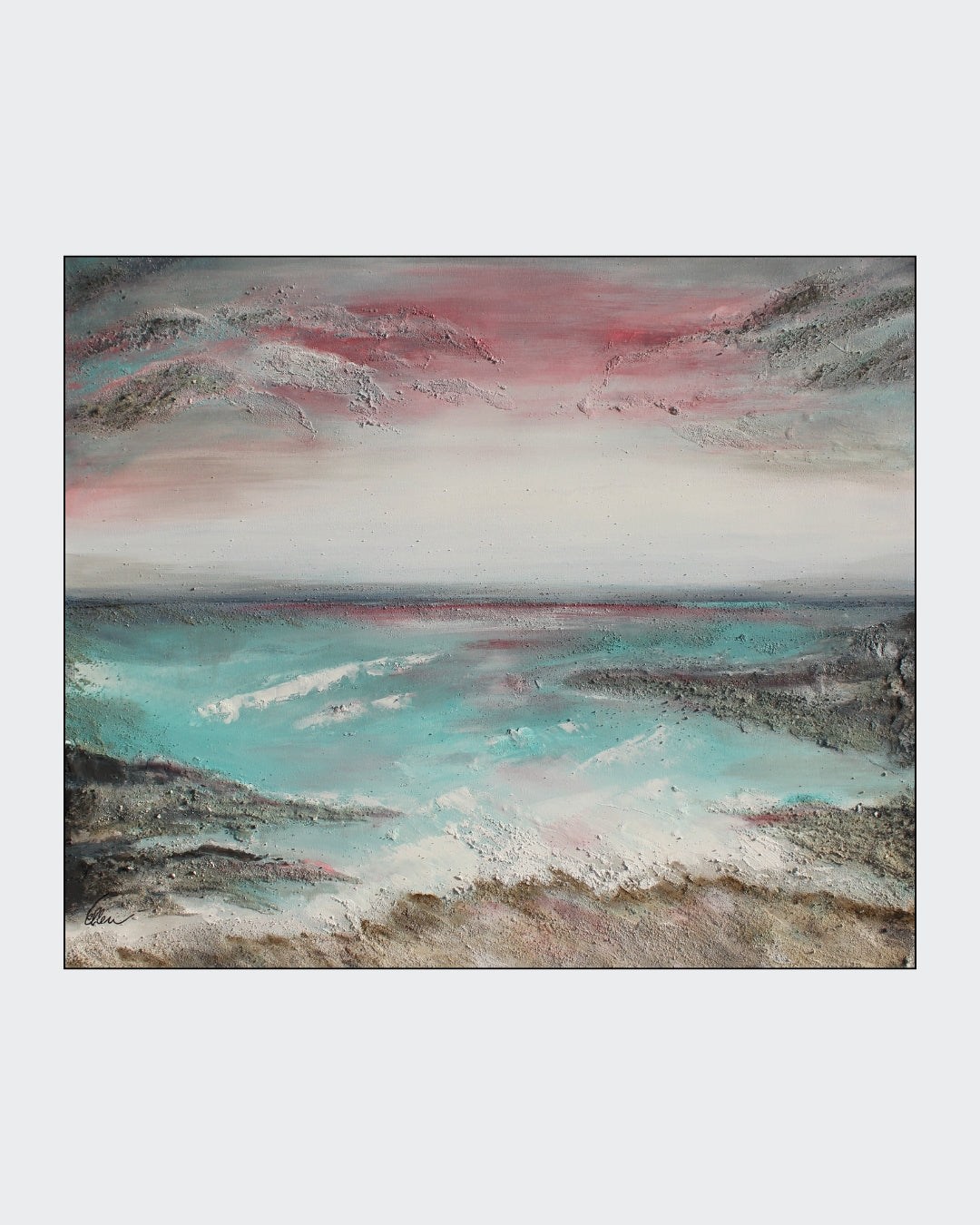 Das Bild zeigt ein abstraktes Gemälde in warmen Farben. Es ist mit Acrylfarbe, Meersand und Marmormehl auf Leinwand gemalt. Das Bild ist 100 cm hoch, 120 cm breit und 4,5 cm tief. Die Künstlerin Ellen Rethemeier hat sich von der Schönheit der Ostsee und Nordsee inspirieren lassen. Erhältlich bei ARTSPACER.