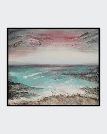 Das Bild zeigt ein abstraktes Gemälde in warmen Farben. Es ist mit Acrylfarbe, Meersand und Marmormehl auf Leinwand gemalt. Das Bild ist 100 cm hoch, 120 cm breit und 4,5 cm tief. Die Künstlerin Ellen Rethemeier hat sich von der Schönheit der Ostsee und Nordsee inspirieren lassen. Erhältlich bei ARTSPACER.