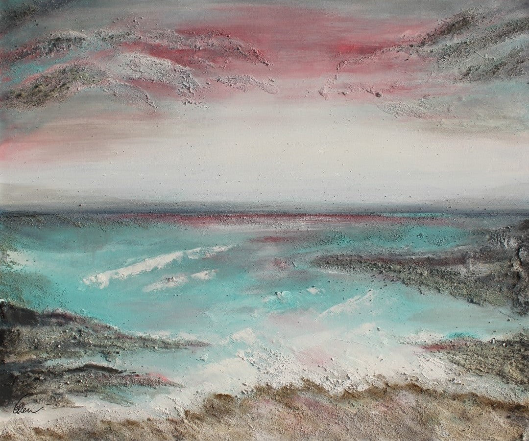 Das Bild zeigt ein abstraktes Gemälde in warmen Farben. Es ist mit Acrylfarbe, Meersand und Marmormehl auf Leinwand gemalt. Das Bild ist 100 cm hoch, 120 cm breit und 4,5 cm tief. Die Künstlerin Ellen Rethemeier hat sich von der Schönheit der Ostsee und Nordsee inspirieren lassen. Erhältlich bei ARTSPACER.