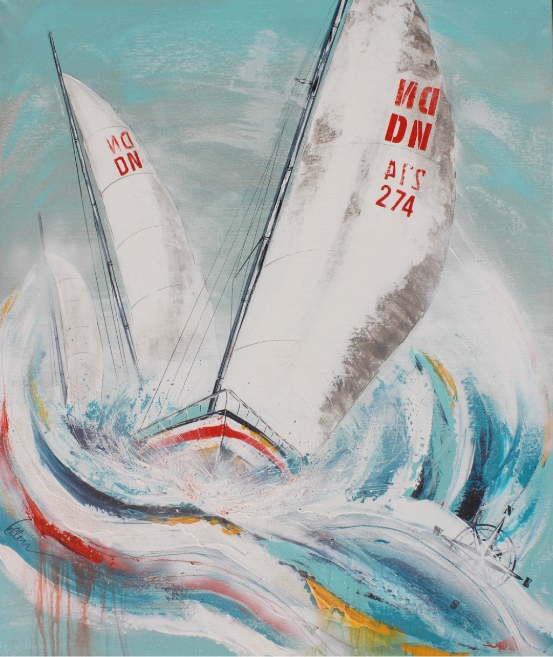 Ein kraftvolles, abstraktes Gemälde von Ellen Rethemeier, das die unbändige Kraft des Meeres einfängt. Zwei Segelboote kämpfen sich durch hohe Wellen, während der Wind ihre Segel bläht. Die Farben sind kräftig und dynamisch, mit viel Weiß und Blau, um die Gischt und den Himmel darzustellen. Erhältlich bei ARTSPACER, Online-Galerie.