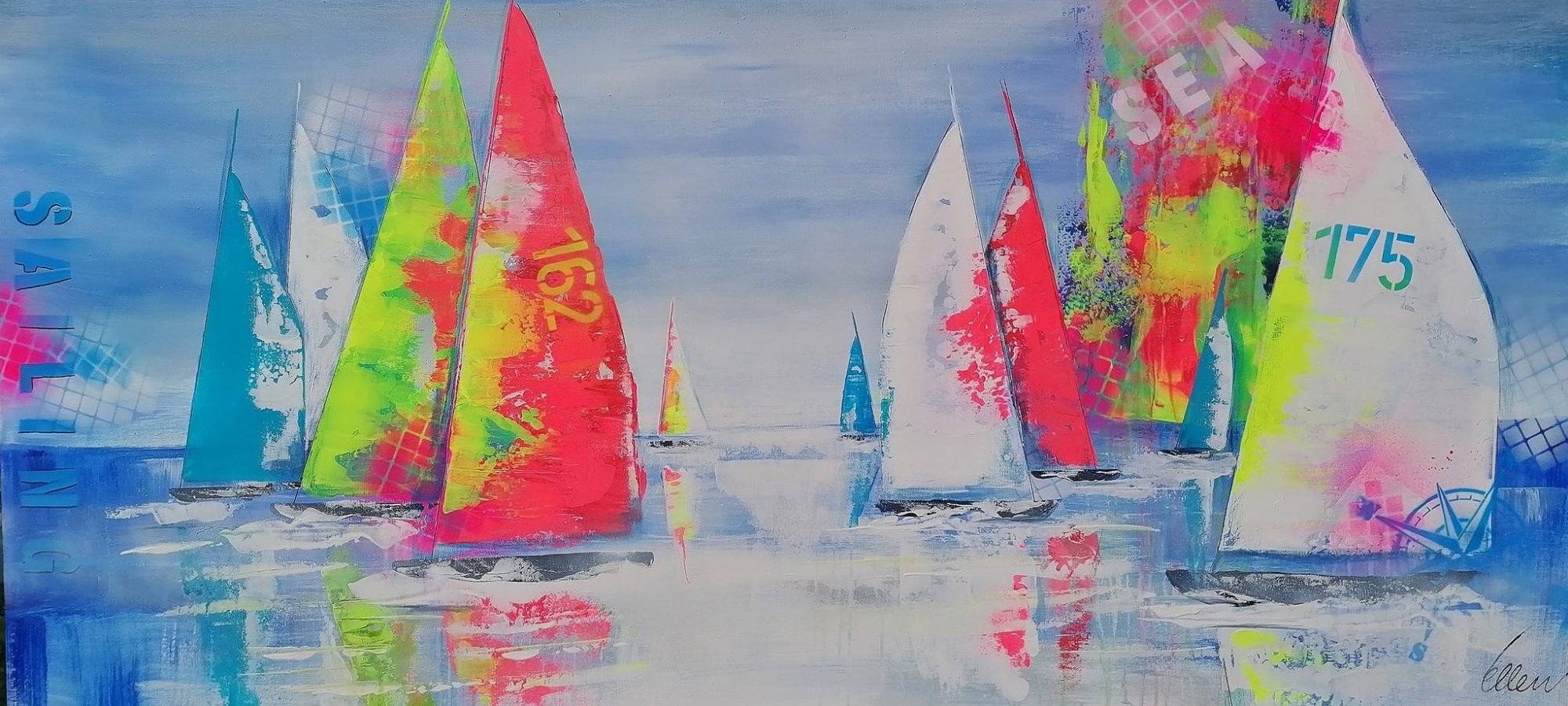 Abstrakte Segelboot-Malerei in leuchtenden Farben von Ellen Rethemeier - in der Online-Galerie von ARTSPACER.

Eine dynamische Acrylmalerei auf Leinwand, die die Energie eines Segelregattas in leuchtenden Farben einfängt. Expressive Pinselstriche und abstrakte Formen erzeugen eine lebendige und moderne Atmosphäre. Ein Kunstwerk, das die Freiheit und Freude des Segelns feiert. 