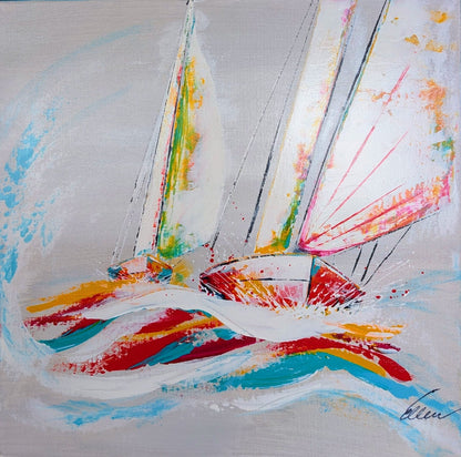 Quadratische maritime Acrylmalerei mit stilisierten Segelbooten in Weiß, Rot, Türkis und Gelb auf hellem, bewegtem Hintergrund mit expressiven Farbspritzern.