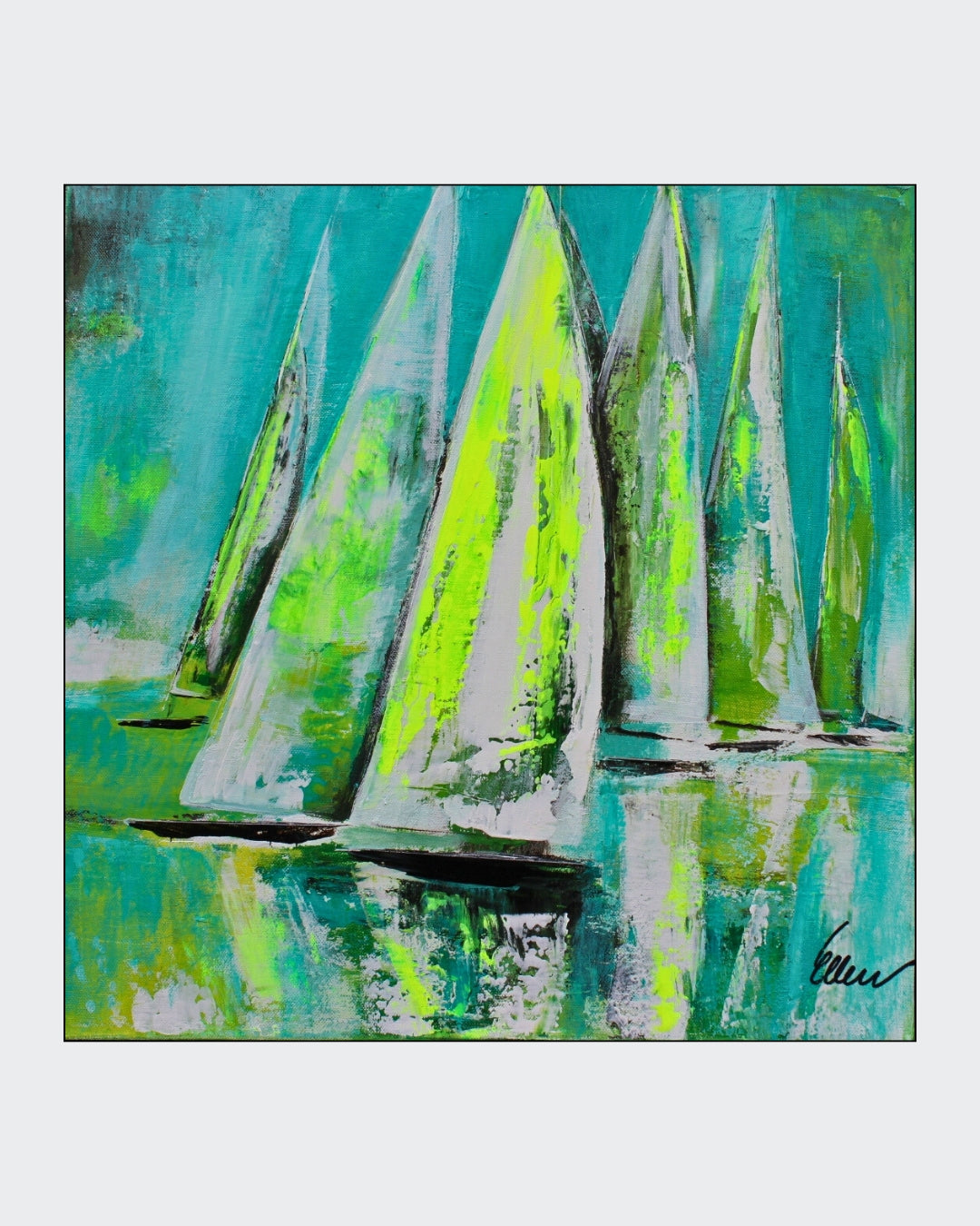 „viva la viva“ ist ein 50 x 50 cm großes Acrylgemälde mit abstrakt dargestellten Segelbooten von Ellen Rethemeier, das in lebendigen Grün- und Neonfarben leuchtet. Die dynamischen Farbschichten erzeugen eine kraftvolle und energetische Ausstrahlung, die den Betrachter in eine lebendige, fröhliche Atmosphäre eintauchen lässt. Erhältlich in der Online-Galerie ARTSPACER.