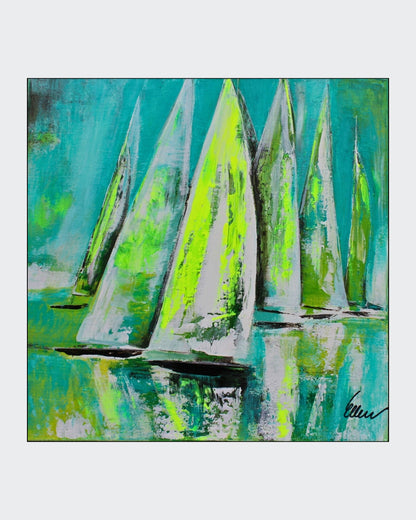 „viva la viva“ ist ein 50 x 50 cm großes Acrylgemälde mit abstrakt dargestellten Segelbooten von Ellen Rethemeier, das in lebendigen Grün- und Neonfarben leuchtet. Die dynamischen Farbschichten erzeugen eine kraftvolle und energetische Ausstrahlung, die den Betrachter in eine lebendige, fröhliche Atmosphäre eintauchen lässt. Erhältlich in der Online-Galerie ARTSPACER.