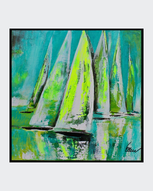 „viva la viva“ ist ein 50 x 50 cm großes Acrylgemälde mit abstrakt dargestellten Segelbooten von Ellen Rethemeier, das in lebendigen Grün- und Neonfarben leuchtet. Die dynamischen Farbschichten erzeugen eine kraftvolle und energetische Ausstrahlung, die den Betrachter in eine lebendige, fröhliche Atmosphäre eintauchen lässt. Erhältlich in der Online-Galerie ARTSPACER.