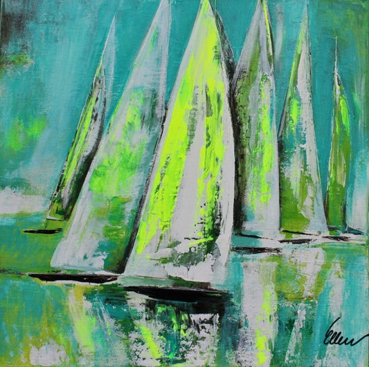 „viva la viva“ ist ein 50 x 50 cm großes Acrylgemälde mit abstrakt dargestellten Segelbooten von Ellen Rethemeier, das in lebendigen Grün- und Neonfarben leuchtet. Die dynamischen Farbschichten erzeugen eine kraftvolle und energetische Ausstrahlung, die den Betrachter in eine lebendige, fröhliche Atmosphäre eintauchen lässt. Erhältlich in der Online-Galerie ARTSPACER.