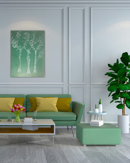 Gemälde "Baumfrauen" von Federica, Acryl auf Leinwand, 80x60 cm. Drei stilisierte Frauenfiguren in Form von Bäumen, weiße Linien auf grünem Hintergrund. ARTSPACER