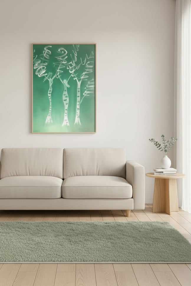 Gemälde "Baumfrauen" von Federica, Acryl auf Leinwand, 80x60 cm. Drei stilisierte Frauenfiguren in Form von Bäumen, weiße Linien auf grünem Hintergrund. ARTSPACER