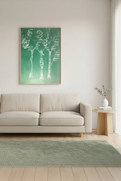 Gemälde "Baumfrauen" von Federica, Acryl auf Leinwand, 80x60 cm. Drei stilisierte Frauenfiguren in Form von Bäumen, weiße Linien auf grünem Hintergrund. ARTSPACER