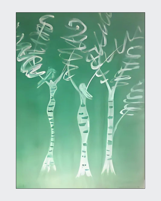 Gemälde "Baumfrauen" von Federica, Acryl auf Leinwand, 80x60 cm. Drei stilisierte Frauenfiguren in Form von Bäumen, weiße Linien auf grünem Hintergrund. ARTSPACER