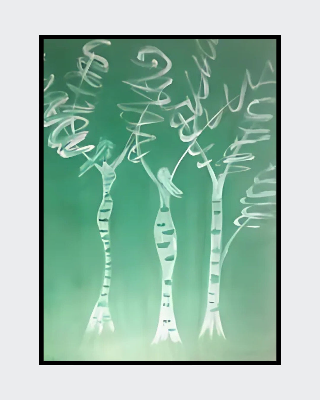 Gemälde "Baumfrauen" von Federica, Acryl auf Leinwand, 80x60 cm. Drei stilisierte Frauenfiguren in Form von Bäumen, weiße Linien auf grünem Hintergrund. ARTSPACER