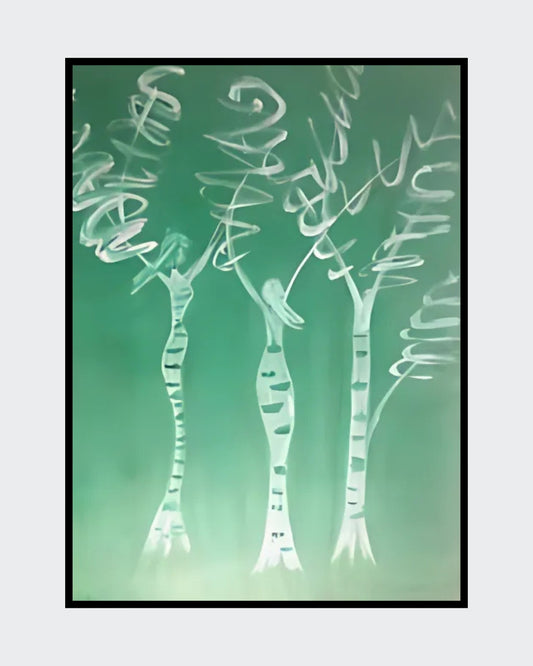 Gemälde "Baumfrauen" von Federica, Acryl auf Leinwand, 80x60 cm. Drei stilisierte Frauenfiguren in Form von Bäumen, weiße Linien auf grünem Hintergrund. ARTSPACER