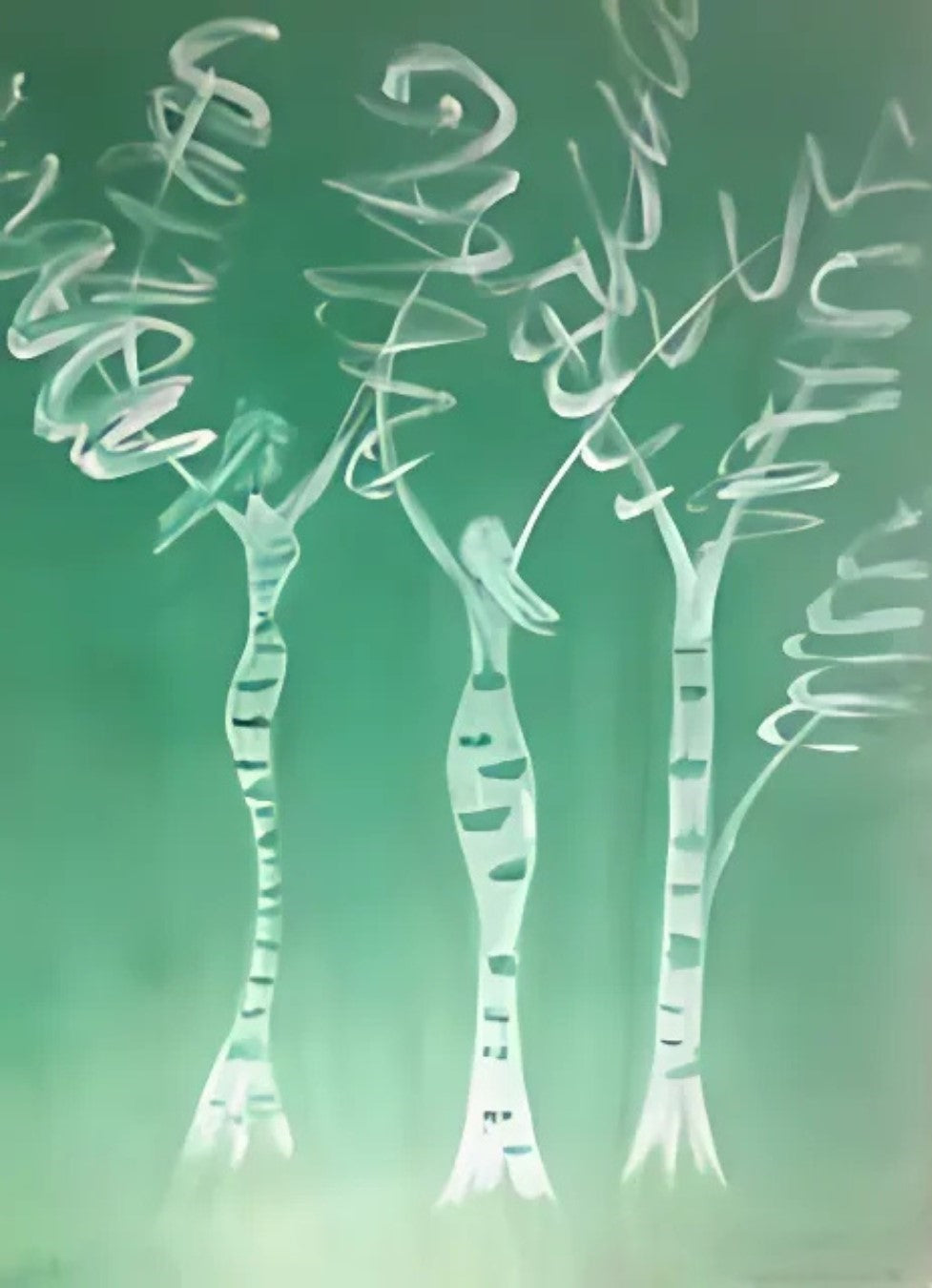 Gemälde "Baumfrauen" von Federica, Acryl auf Leinwand, 80x60 cm. Drei stilisierte Frauenfiguren in Form von Bäumen, weiße Linien auf grünem Hintergrund. ARTSPACER