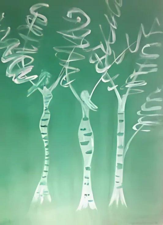 Gemälde "Baumfrauen" von Federica, Acryl auf Leinwand, 80x60 cm. Drei stilisierte Frauenfiguren in Form von Bäumen, weiße Linien auf grünem Hintergrund. ARTSPACER