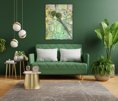 Dreidimensionales Acrylgemälde auf Leinwand (80 x 60 cm). Zwei grüne, kugelförmige Blütenstände dominieren das Bild, begleitet von einer großen, hellen, lilienartigen Blüte und einer kleinen, gelben, sternförmigen Blüte. Der Hintergrund zeigt abstrakte, grüne und gelbe Farbwirbel.