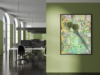 Dreidimensionales Acrylgemälde auf Leinwand (80 x 60 cm). Zwei grüne, kugelförmige Blütenstände dominieren das Bild, begleitet von einer großen, hellen, lilienartigen Blüte und einer kleinen, gelben, sternförmigen Blüte. Der Hintergrund zeigt abstrakte, grüne und gelbe Farbwirbel.