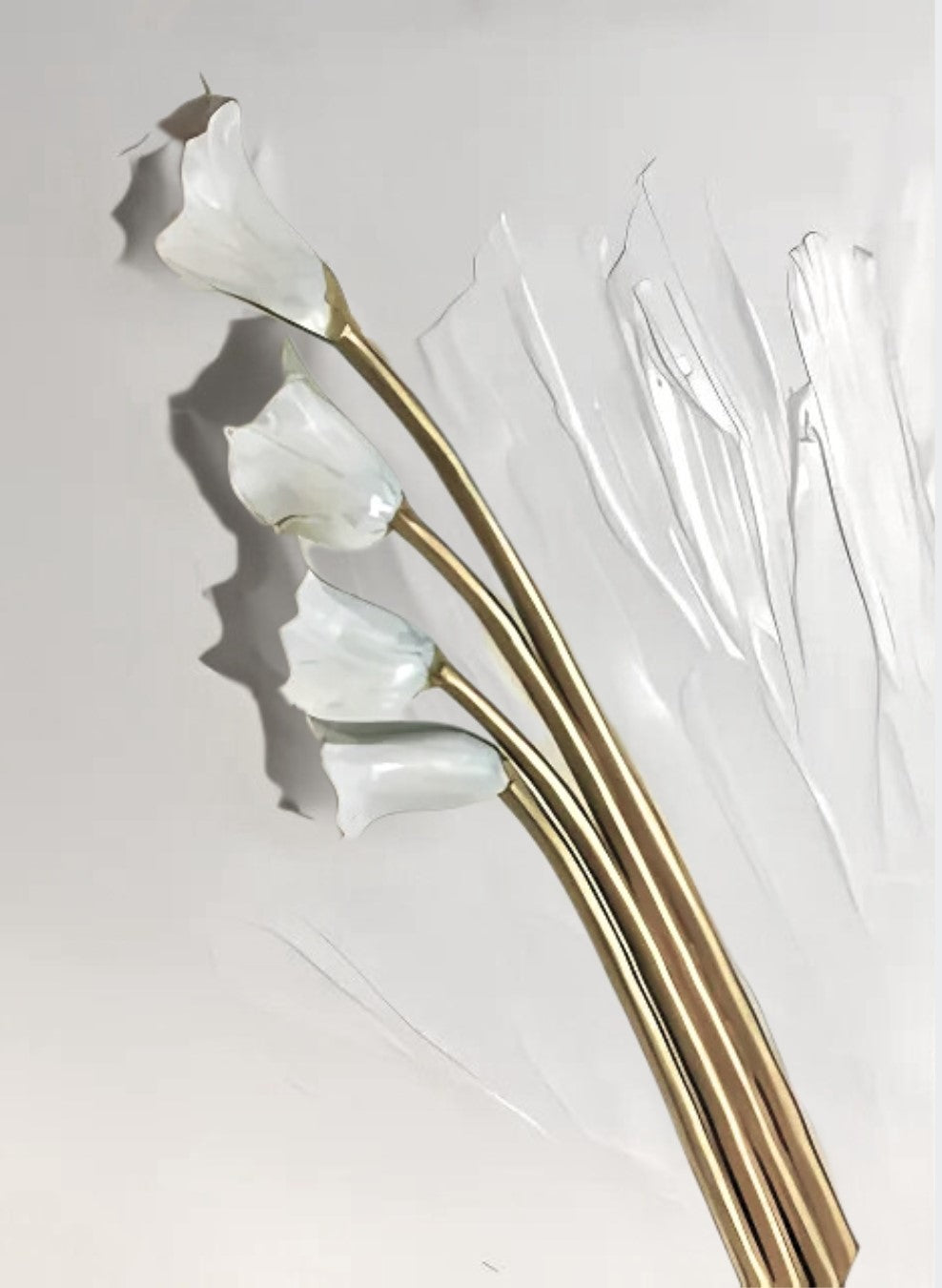 Gemälde "Dreidimensionale Lilienblüte" von Federica, Acryl auf Leinwand, 80x60 cm. Dreidimensionale Darstellung von Lilien in Weiß und Braun auf weißem Hintergrund. ARTSPACER