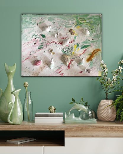 Abstraktes Acrylgemälde 'Fruits de Mer' von Federica (50 x 60 cm) mit reliefartigen Strukturen und maritimen Elementen. Pastellige Farbtöne auf weißem Grund mit grünen, roten und gelben Akzenten.