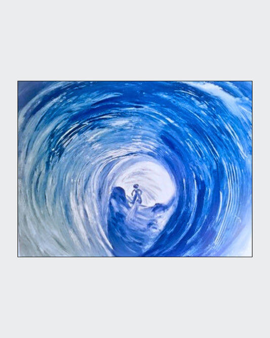 Acrylgemälde „Gletscherhöhle“ von Federica: abstrakte Komposition in Blau- und Weißtönen mit fließenden Strukturen auf Leinwand, 90 x 110 cm / ARTSPACER