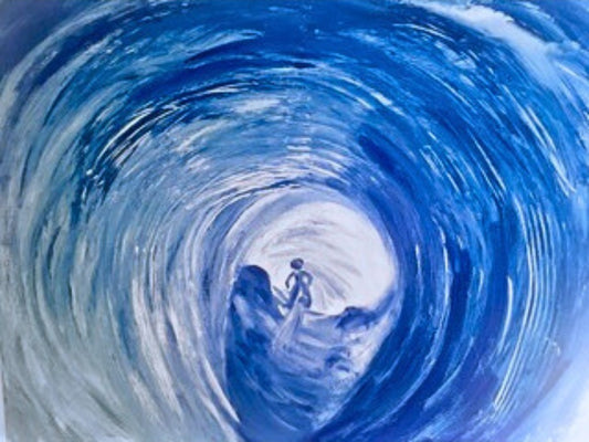 Acrylgemälde „Gletscherhöhle“ von Federica: abstrakte Komposition in Blau- und Weißtönen mit fließenden Strukturen auf Leinwand, 90 x 110 cm / ARTSPACER