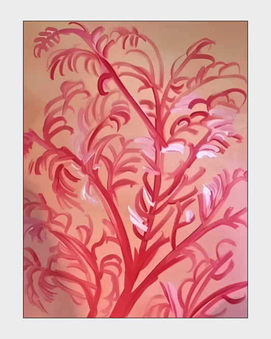 Gemälde "Koralle" von Federica, Acryl auf Leinwand, 110x90 cm. Abstrakte Darstellung von Korallen in verschiedenen Rottönen auf einem hellen Hintergrund. ARTSPACER