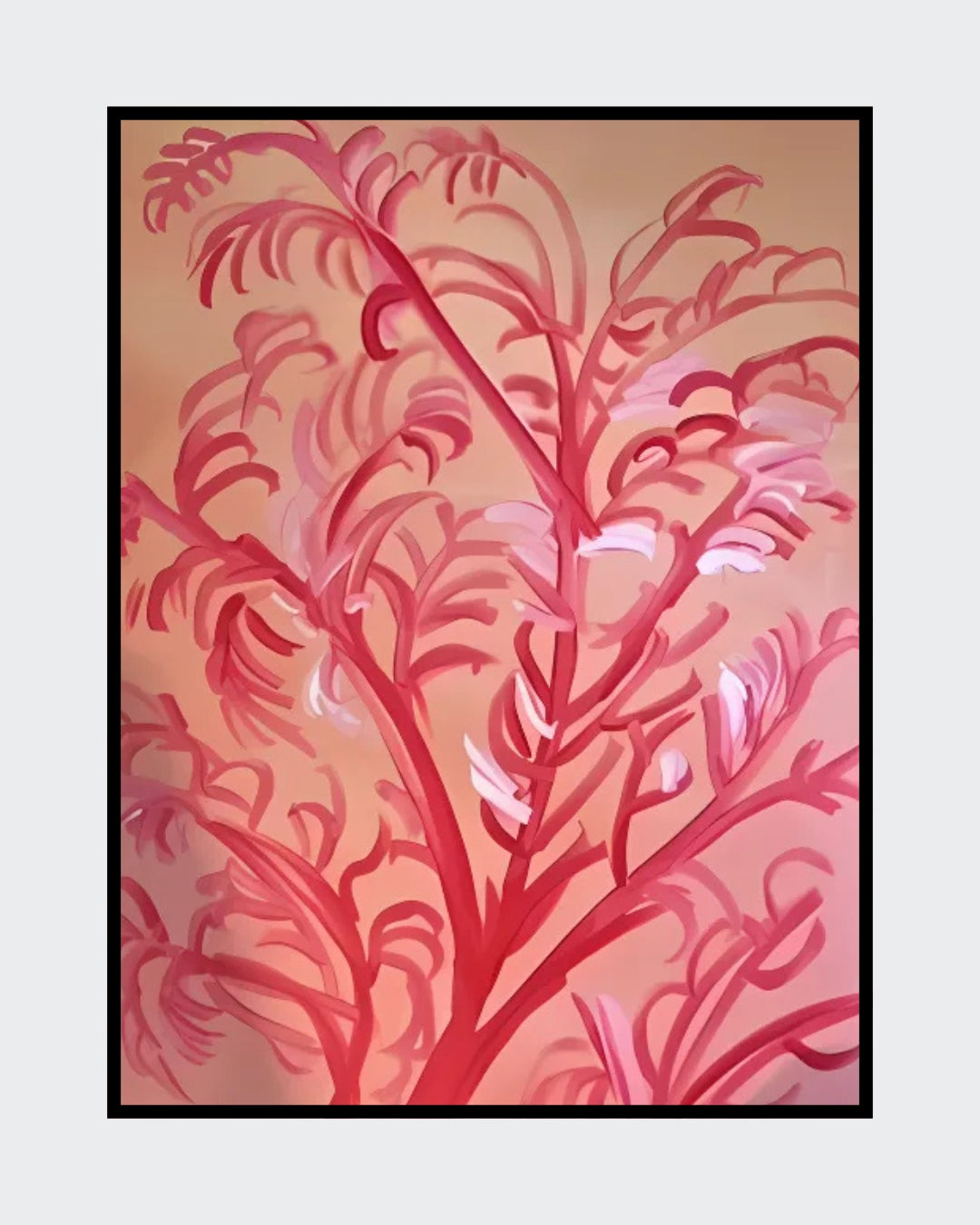 Gemälde "Koralle" von Federica, Acryl auf Leinwand, 110x90 cm. Abstrakte Darstellung von Korallen in verschiedenen Rottönen auf einem hellen Hintergrund. ARTSPACER