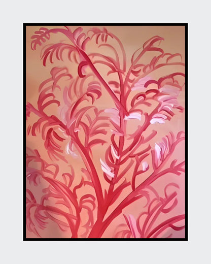 Gemälde "Koralle" von Federica, Acryl auf Leinwand, 110x90 cm. Abstrakte Darstellung von Korallen in verschiedenen Rottönen auf einem hellen Hintergrund. ARTSPACER